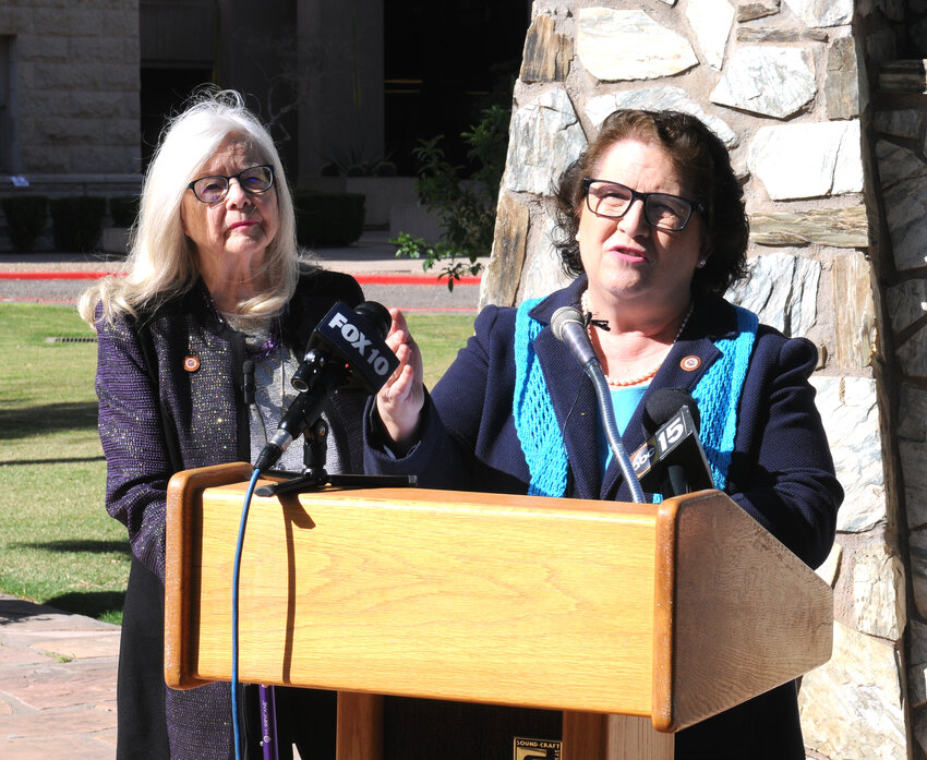 Senate Minority Leader Mitzi Epstein, right, and Sen. Lela Alston detail Monday the ethics complaint they filed charging that two GOP leaders purposely ignored efforts to bring a measure to repeal the 1864 abortion law to the floor.