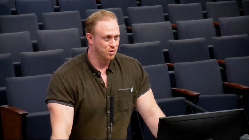 Rusty Taco owner Brandon Risk speaks during the Tempe Development Review Commission's April 9 meeting.