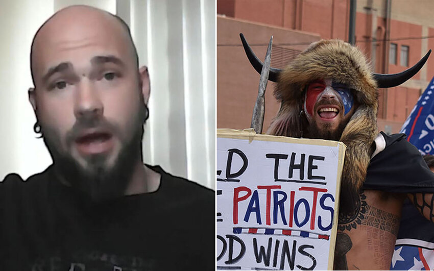Jacob Angeli-Chansley, left, running as a Libertarian for Arizona's 8th Congressional District, left, and at a 2020 election protest as the shaman who would later become famous as the face of the Jan. 6 attack on the Capitol. (Screen grab by Alexandria Cullen/Photo by Hope O'Brien/Cronkite News)