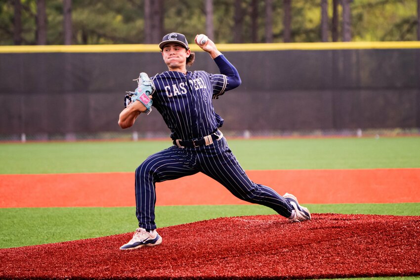 Casteel senior pitcher Mason Russell delivers a pitch during his 10-0 no hitter April 10 against High Point (N.C.) Wesleyan Christian in the opening game of the National High School Invitational in Cary, N.C.