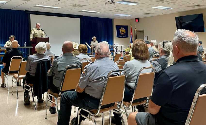 Maricopa County Sheriff&rsquo;s Office District 3 Capt. Brian Stutsman addresses Sun City West Posse members regarding concerns about squatters in Sun City West.