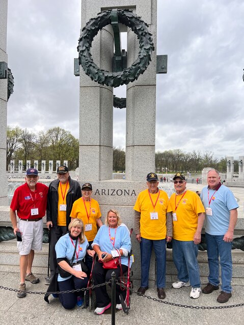 A few Fountain Hills veterans are pictured at the World War II Memorial in Washington D.C. Standing from left is Honor Flight Arizona board director and veteran Matt Hartman, Vietnam War veteran Richard Taylor, Vietnam War veteran Terry Taylor, World War II and Korean War veteran Dave Fairbanks, Vietnam War veteran Mike Bufford and Guardian Jason Bufford. Seated from left is Four Peaks Chapter DAR regent and Guardian Viree Byrne and Guardian Kathryn Fairbanks Heydlauff.