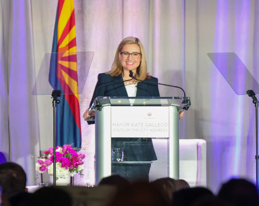 Phoenix Mayor Kate Gallego delivers her annual State of the City address at the Sheraton Phoenix Downtown Hotel on April 23, 2024. (Photo by Crystal Aguilar/Cronkite News)