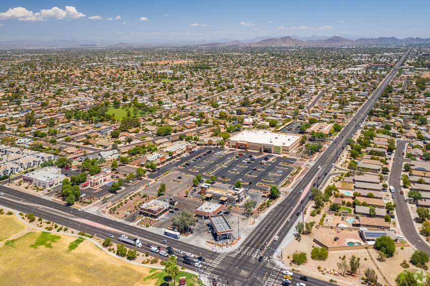 An aerial view of Avenue at Olive Park, a retail center at the northeast corner of Olive and 59th avenues in Glendale.