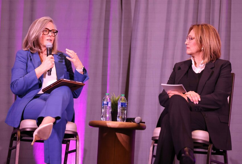 In Tempe, at the 2024 Arizona Space Summit, Gov. Katie Hobbs talks to Sandra Watson, Arizona Commerce Authority president and CEO, about how the state is involved in the space sector. &ldquo;Looking ahead, as our space leadership continues to grow, the universities will continue to be central to our success in this area,&rdquo; Hobbs says. (Photo by Marnie Jordan/Cronkite News)