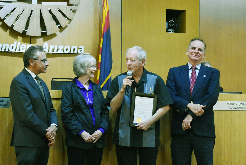 From the left are Chandler City Council member Matt Orlando, Helen Daley, Bart Salzman and Chandler Mayor Kevin Hartke. Salzman spoke briefly about historical efforts to host jazz events in Chandler during a recent City Council meeting, after Orlando read a proclamation about Jazz Appreciation Month. (Independent Newsmedia/Jason W. Brooks)