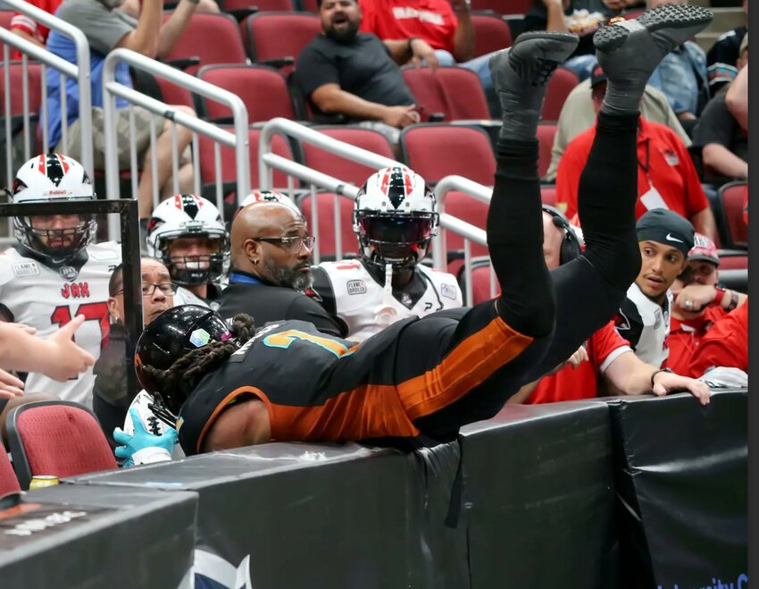 Arizona's Jamal Miles nearly flips over the end zone wall after catching a TD in Sunday's 55-35 win over Jacksonville. (Arizona Rattlers/Matt Hinshaw)