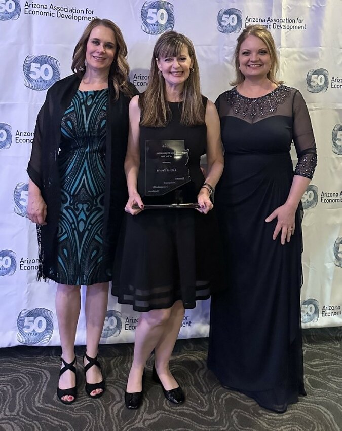 The city of Peoria has been named Economic Development Organization of the Year in the Large Organization category by the Arizona Association for Economic Development. Pictured are: Dina Mathias, business retention &amp; expansion program manager, Jennifer Stein, economic development director and Alicia Engel, economic development program coordinator.