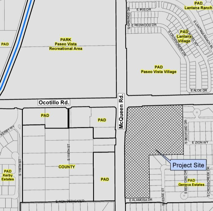 This map shows where 76 homes are planned in a housing development called Viviendo. Rezoning and preliminary plan approval for the project is one of a handful of items on the consent agendas for both the Chandler Planning and Zoning Commission&rsquo;s study session and regular meetings Wednesday, May 1.