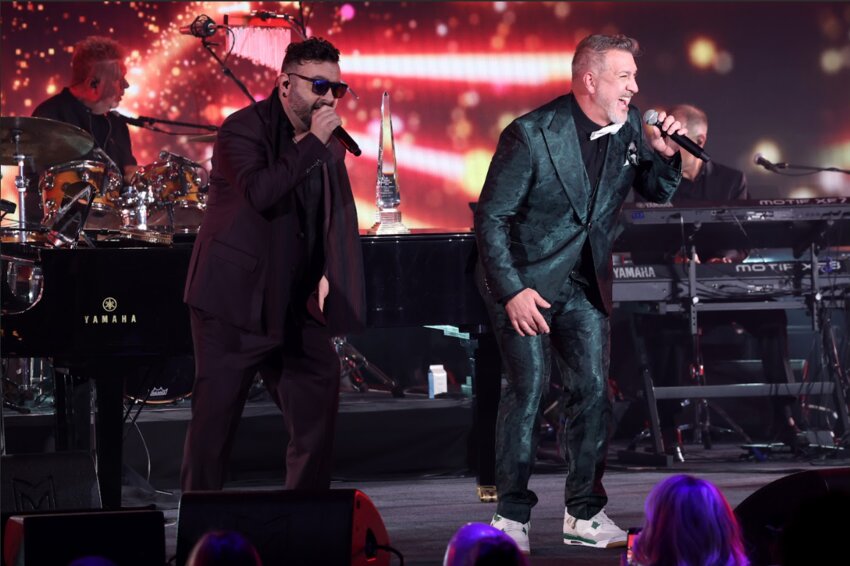 NSYNC members Joey Fatone and Chris Kirkpatrick perform at the 2024 Gateway Celebrity Fight Night 30th Anniversary, an Emerald Ball, April 27.