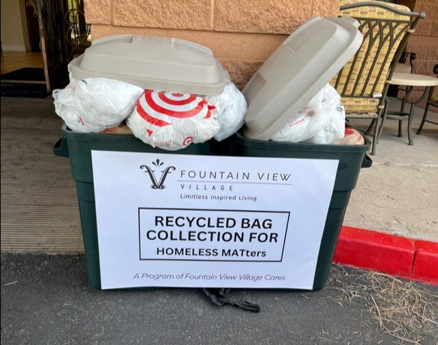 At the request of the Homeless Matters senior team living in Fountain View Village, the community came out in numbers to support the cause of creating recycled mats for homeless individuals, filling the drop-off bins with plastic bags.