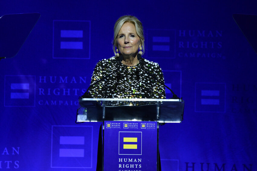 Dr. Jill Biden speaks onstage at the Human Rights Campaign Los Angeles Dinner on Saturday, March 23, 2024, at Fairmont Century Plaza in Los Angeles. (Photo by Richard Shotwell/Invision/AP)