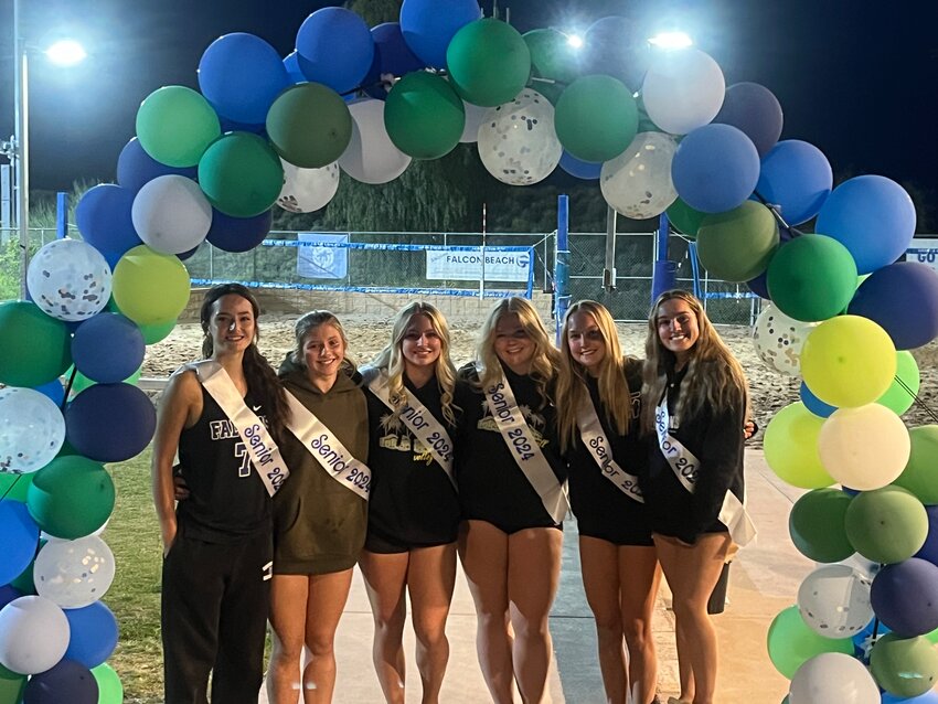 The seniors gather together on senior night. From left, Bella Garman, Sydney Boeshans, Bree March, Elliana Schulze, Savannah Peterson and Stella Grieco. (Independent Newsmedia/George Zeliff)