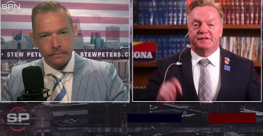 Sen. Anthony Kern, right, speaking from the Senate broadcast center on May 1 to right-wing talk show host Stew Peters. (Screen grab from Stew Peters show)