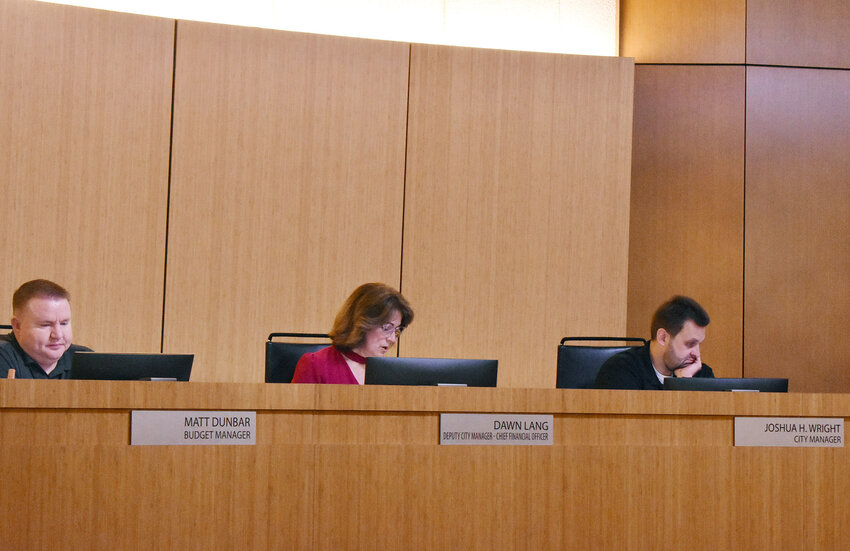 Chandler Budget and Policy Director Matt Dunbar, left, Chief Financial Officer Dawn Lang and City Manager Josh Wright all presented at the city&rsquo;s day-long April 26 budget briefing. The city is set to have a 6% lower budget for fiscal 2025 than the $1.66 billion it adopted for this year.