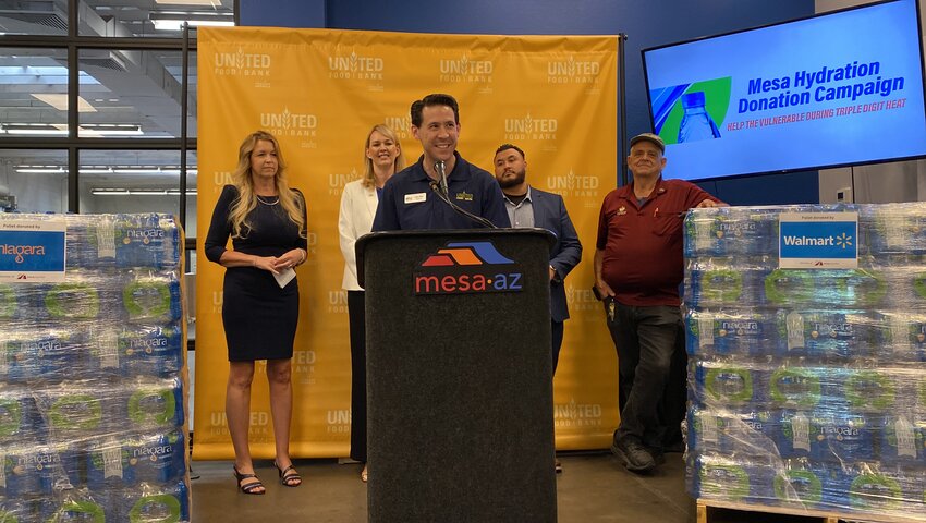 United Food Bank CEO Jason Reed speaks at a press conference during the launch of the Mesa Hydration Donation Campaign on May 7.