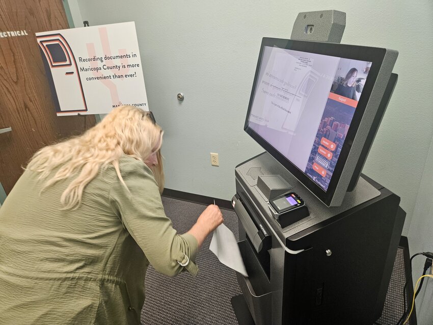 Lois Maiden, a Peoria Realtor, was the first to use the new Recorder&rsquo;s Office kiosk at the Bell Public Library. The Sun City kiosk is the first in the second generation machines in the West Valley to assist residents by not having to visit the downtown offices to file documents.