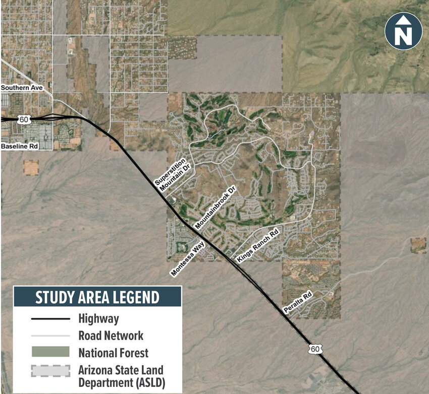 The study area is bounded on the west by Goldfield Road, on the north by Broadway Road, on the east by the Superstition Mountains and on the south beyond Peralta Road.