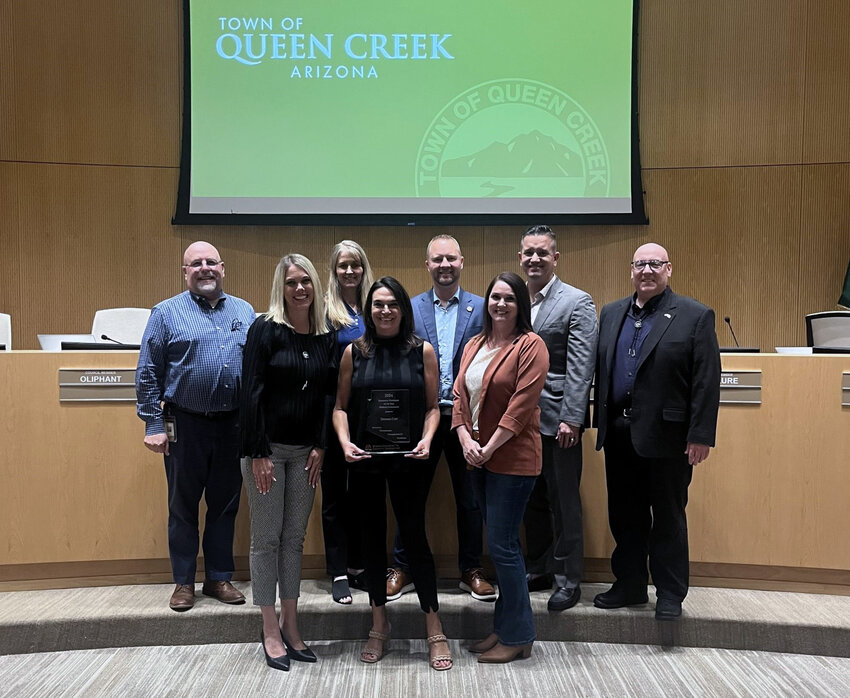 Queen Creek&rsquo;s Economic Development Director Doreen Cotts, front row center, was recognized by the town council at its May 1 meeting for receiving an award from the Arizona Association for Economic Development.