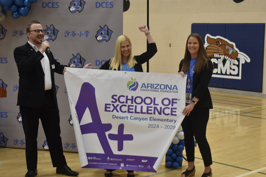 Desert Canyon Elementary School celebrated its A+ School of Excellence award. From left, Arizona Education Foundation&rsquo;s Outreach Specialist Skyler Bean, DCES principal Kimberly Mills, DCES assistant principal Erin Scagnelli. (Independent Newsmedia/George Zeliff)