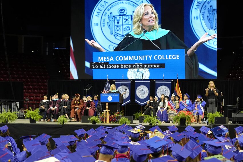Jill Biden delivers a commencement address Saturday to Mesa Community College graduates at the Desert Financial Arena in Tempe.