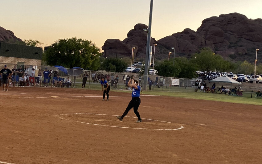 Canyon View junior Emily Davis winds up to pitch in the seventh inning of a 5A semifinal against Willow Canyon Friday, May 10 at Papago Park in Phoenix.