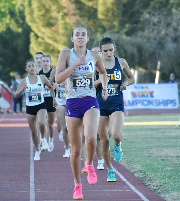 Landen LeBlond of Millennium leads the field on her way to winning the girls 1600 meters during the Open Track and Field State Championships on May 11 in Mesa.