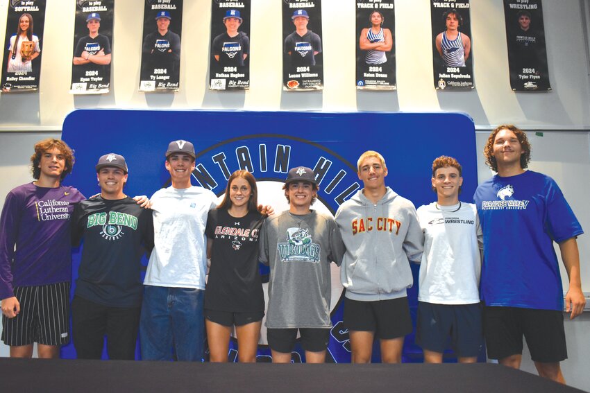 Fountain Hills High School celebrated signing day on Tuesday, May 14. From left, Julian Sepulveda (javelin), Tyler Langer (baseball), Kyan Taylor (baseball), Hailey Chandler (softball), Nathan Hughes (baseball), Lucas Williams (baseball), Tyler Flynn (wrestling) and Keian Evans (shotput and discus). The Times Independent will run individual articles on each athlete in the coming weeks. (Independent Newsmedia/George Zeliff)
