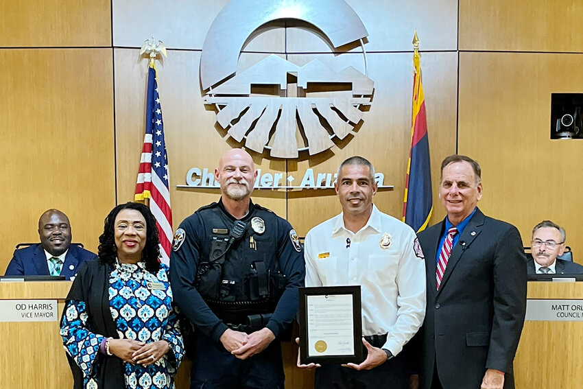 Two Chandler first responders were on hand for a proclamation reading about Water Safety Awareness Month at the May 6 Chandler City Council meeting. From the left are Chandler Council member Christine Ellis, Chandler police officer Noah Deuker, Chandler Fire Department Battalion Chief Carlos Vargas and Mayor Kevin Hartke.
