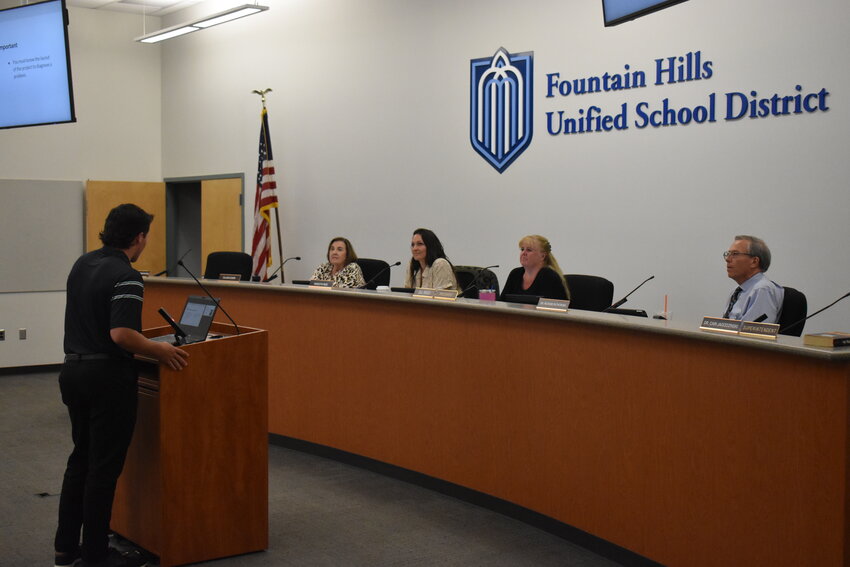 Tyler Langer gives a presentation on his senior internship project to the FHUSD Governing Board on Wednesday, May 15. (Independent Newsmedia/George Zeliff)