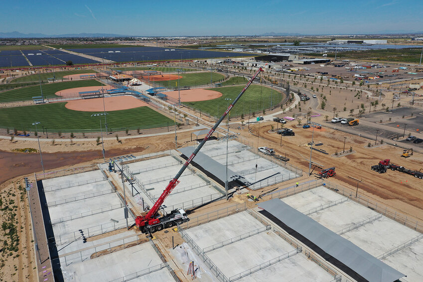 An overhead view of Frontier Family Park&rsquo;s baseball fields. Queen Creek Mayor Julia Wheatley is inviting the public to attend the park&rsquo;s grand opening on June  8.
