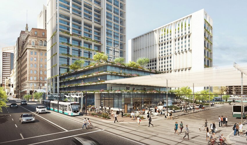 This artist&rsquo;s rendering shows plan for a new transit station at the northwest corner of Central Avenue and Van Buren Street, along with a 32-story, mixed-use tower and 21-story student housing tower. Phoenix City Council on Wednesday advanced an effort to name the transit hub, scheduled for completion next year, after U.S. Rep. and former Phoenix Mayor Greg Staton. (Courtesy city of Phoenix)