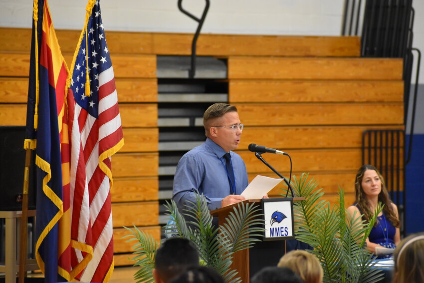 Principal Kevin Wilkinson addresses the students and family members in the opening remarks of the fifth-grade promotion ceremony. (Independent Newsmedia/George Zeliff)