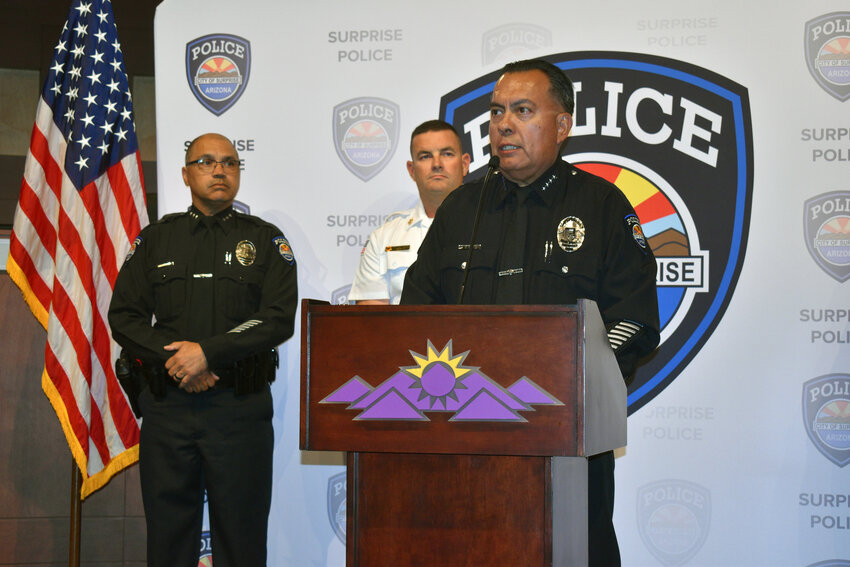 Surprise Police Chief Benny Pina addresses the media on May 20 at City Hall about the May 17 incident in the Sycamore Farms neighborhood.