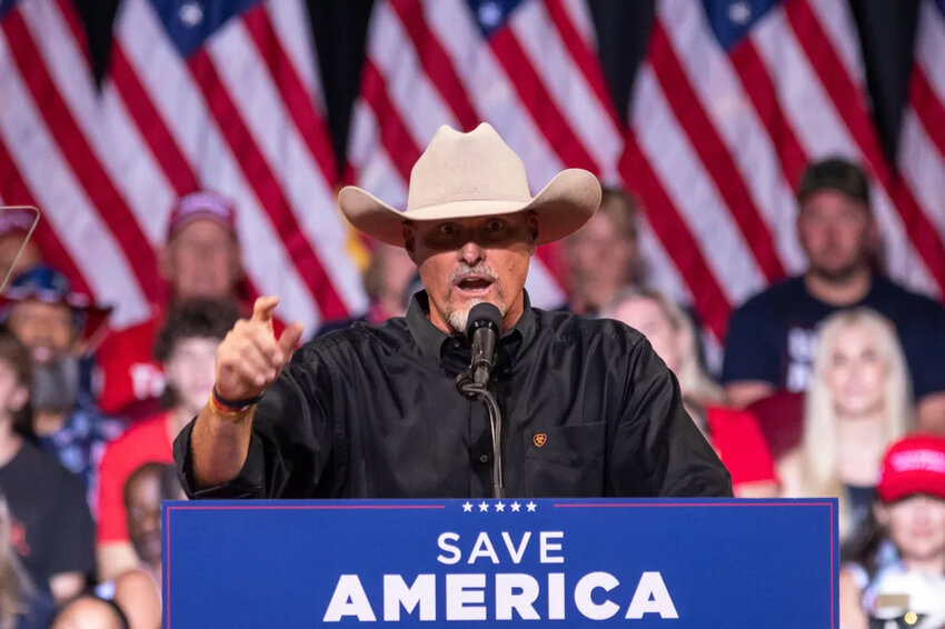 Pinal County Sheriff Mark Lamb addresses a crowd at former-President Donald Trump&rsquo;s Save America rally in Prescott Valley, Ariz., on July 22, 2022. (AZCIR/ Isaac Stone Simonelli)