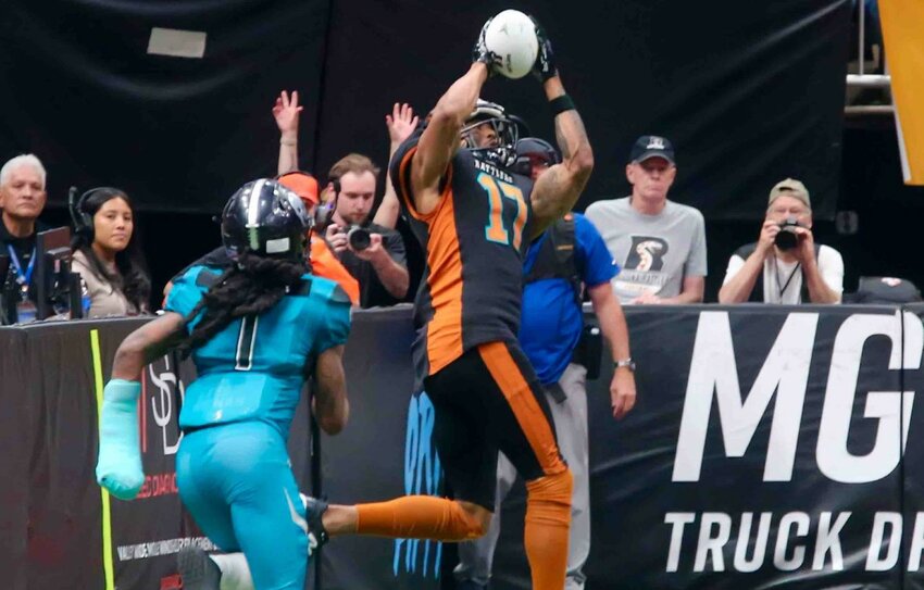 Arizona Rattlers receiver Nih-Jer Jackson hauls in a touchdown on Saturday against Duke City. (Indoor Football League/Arizona Rattlers)