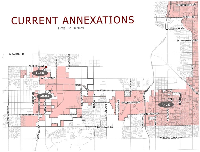 Glendale is considering three annexations in 2024. The property marked just south of Peoria Avenue was annexed April 23. The property labeled AN-280 just south of Northern Avenue joined the city on May 28. The parcel further east near Myrtle Avenue will have its anneaxtion hearing this summer.
