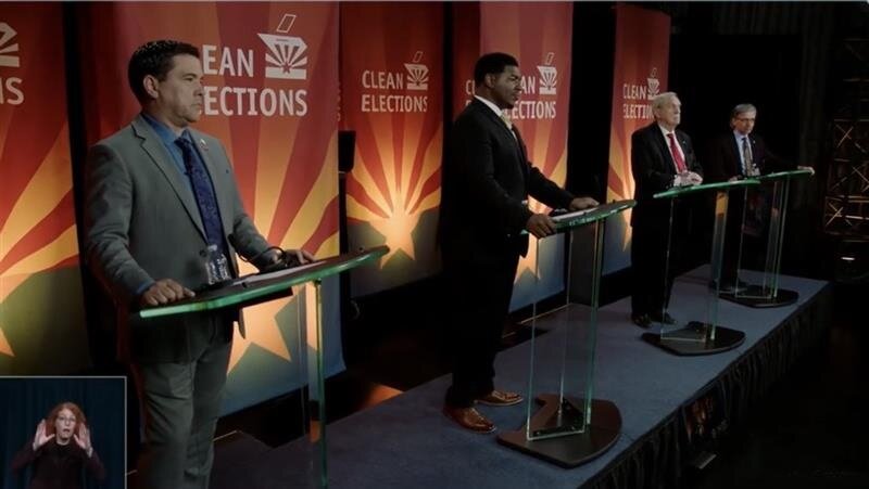 Republican candidates for Arizona&rsquo;s 4th Congressional District stand on the stage of a debate hosted by the Arizona Media Association. From left, Kelly Cooper, Jerone Davison, Dave Giles and Zudhi Jasser. (Courtesy Arizona Media Association)