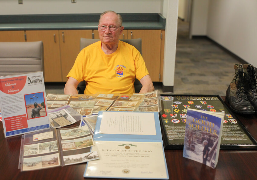 Army Veteran Paul Steffy is the co-facilitator of Veterans to Veterans, a new discussion group inviting all veterans to join and discuss their experiences during and after their service. He is pictured with items of his time in the military.