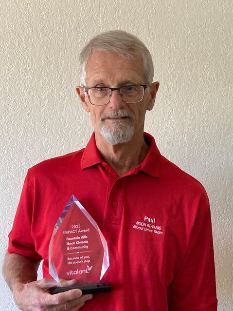 Donors to the Noon Kiwanis Club-sponsored blood drives have contributed over 14,000 units of blood over the last 25 years. Pictured is Blood Drive Coordinator Paul Appeldorn holding the 2023 Impact Award which the Noon Kiwanis Club has received for the last 18 consecutive years.