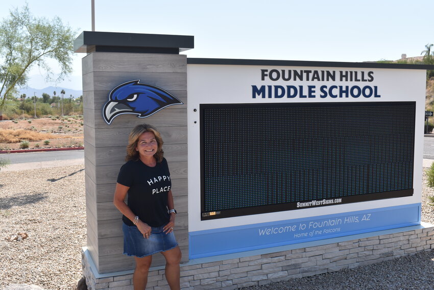Dr. Kimberly Weeldreyer stands by Fountain Hills Middle School&rsquo;s new marquee sign. (Independent Newsmedia/George Zeliff)