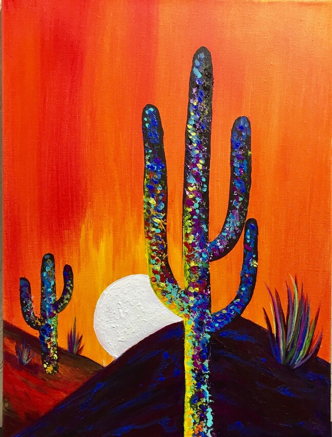 Artist Gloria M. Sanchez will lead participants in painting colorful saguaros in her upcoming “Desert Lights” evening workshop Tuesday, Aug. 13, from 5 to 8 p.m. at the Fountain Hills Artists’ Gallery.