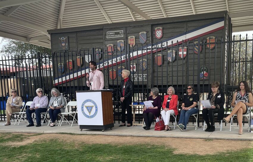 A Historic Marker Dedication ceremony was held at McCormick-Stillman Railroad Park commemorating the completion of the Merci Train storyboard project. Presenting is Nathan Fidel, honorary consul of France to Arizona.
