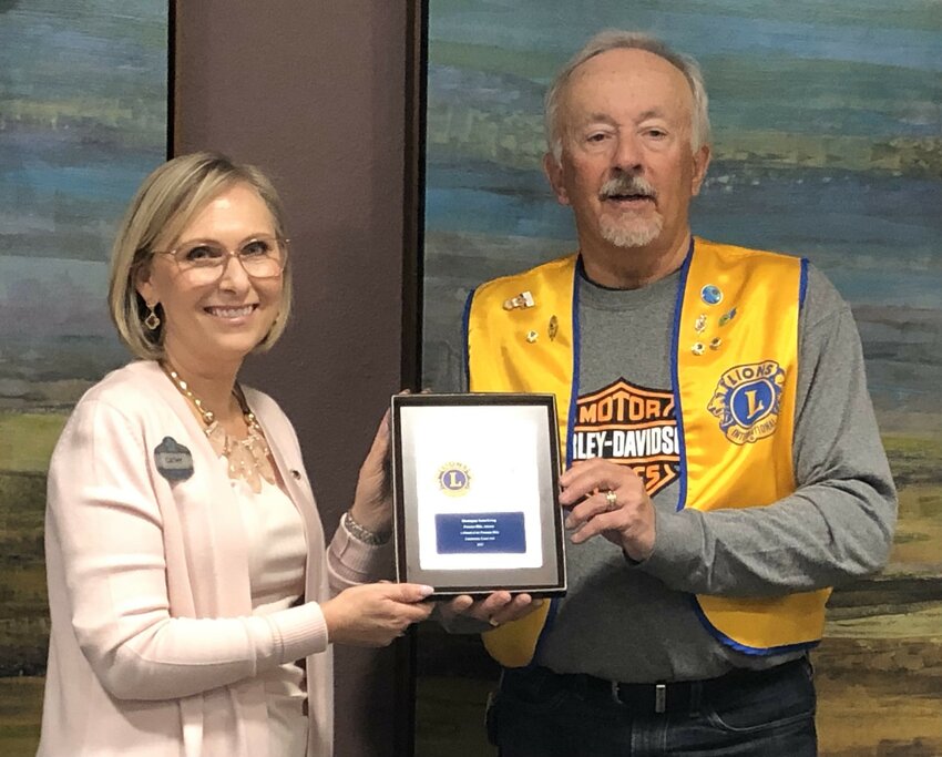 The Fountain Hills Community Lions Club recently recognized MorningStar Senior Living in Fountain Hills as a strong supporter of the club. For years, MorningStar has provided a place for the club to meet along with financial support to complete projects in the community. Pictured from left is Cathy Leonard, director at Morningstar and Don Wendel, Lions Club president.