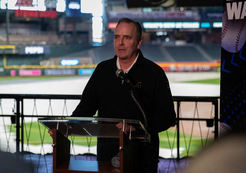 Arizona Diamondbacks president and CEO Derrick Hall discusses recent stadium improvements, including fixed roof issues, during the annual &quot;What's New at Chase&quot; event at Chase Field Tuesday.   (Photo by Dani Trujillo/Cronkite News)
