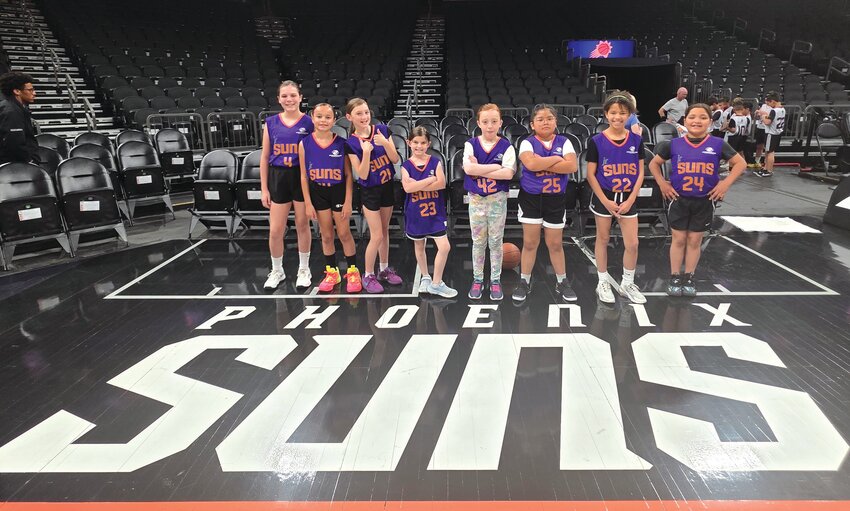 On March 22, the Boys &amp; Girls Clubs of Greater Scottsdale held their championship games for the Jr. Suns Basketball League at Footprint Center on the Suns&rsquo; court. The local McKee Branch had three teams that advanced to the championship game, with their Rookie Division team (3-4 grade) being victorious. Coached by Clayton Brenner, the team includes, from left, Emmery P., Kno&rsquo;elle P., Shiloh M., Emily C., Rawlei C., Secilia K., Aria L. and Iris B.