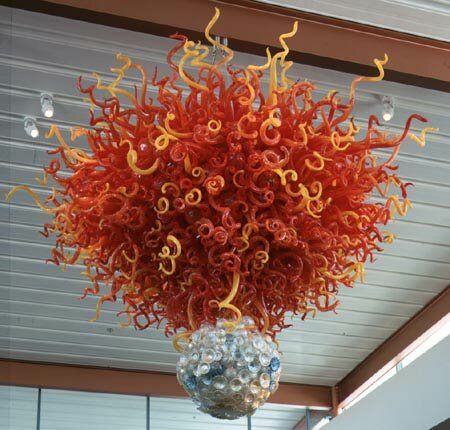 &quot;The Sun and the Moon,&quot; Dale Chihuly's blown glass chandelier, hangs in the lobby of Foothills Branch Library in Glendale.