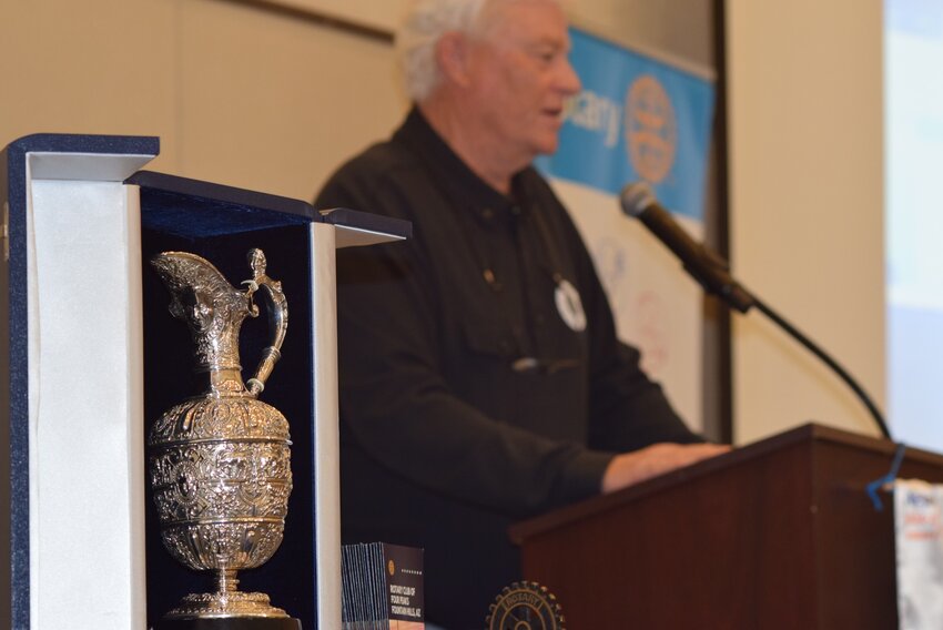 Professional golfer and Rio Verde resident Mark Wiebe spoke to Four Peaks Rotarians at a recent club meeting. Wiebe told stories of his time on the PGA Senior Tour and brought along the Senior Open trophy he won for club members to admire.