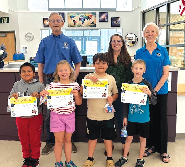 Fountain Hills Noon Kiwanis has announced McDowell Mountain Elementary School Terrific Kids for the month of May. They were recently recognized by (from left, back row) members Bernie Hoenle, Lauren Stratton and Marcia Hoenle. Winners are selected based on being thoughtful, enthusiastic, respectful, responsible, inclusive, friendly, inquisitive and competent. May&rsquo;s winners are (from left, front row) Kevin RM., Ivy P., Jaime M., Eli S. and Elifee GG (not pictured).