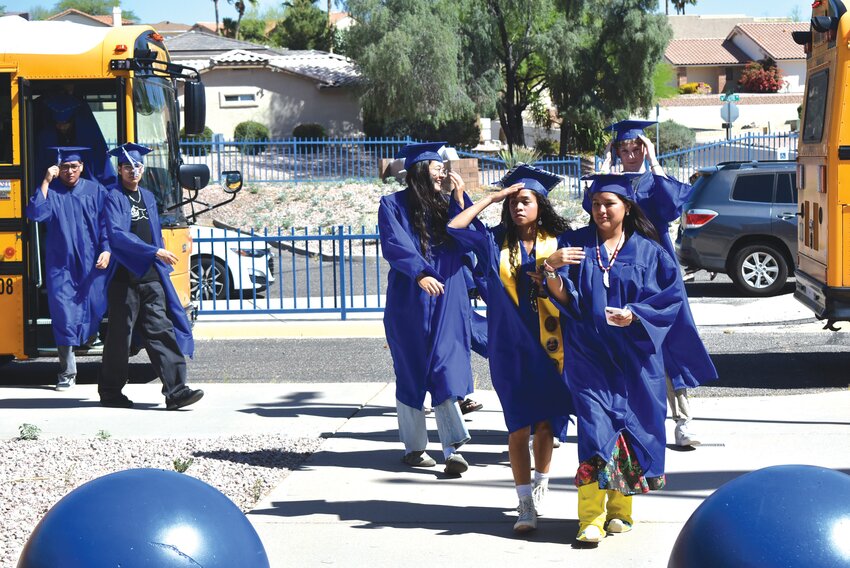 Fountain Hills High School Class of 2025 seniors arrive outside Little Falcons Preschool as part of the Grad Walk on May 13. The event allowed graduating seniors to be wished well by their youngest neighbors and to see classrooms and teachers they knew well when they were younger.